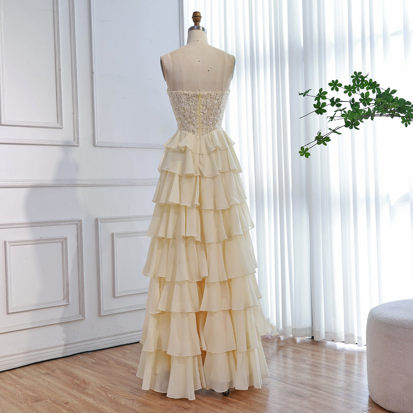 Light Blue Strapless Lace Chiffon Flowy A-Line Prom Dress for Party LA73434