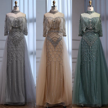 Luxury Nude Beaded Sleeveless Evening Dress with Cape LA73129