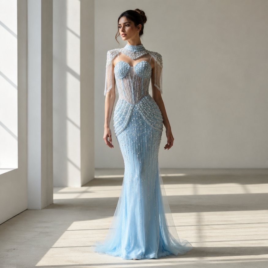 Blue Strapless Beaded Luxury Mermaid Evening Dress with Tassel Cape LA73183A