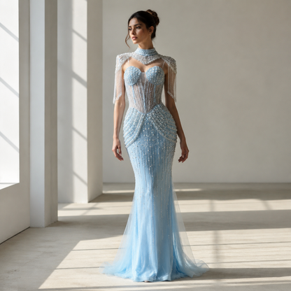 Blue Strapless Beaded Luxury Mermaid Evening Dress with Tassel Cape LA73183A