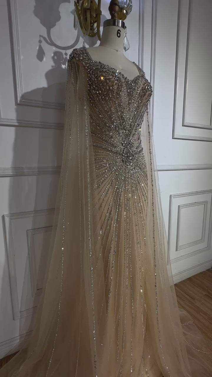 Dubai Pink Cape Sleeves Beaded Evening Dress Formal LA72575A