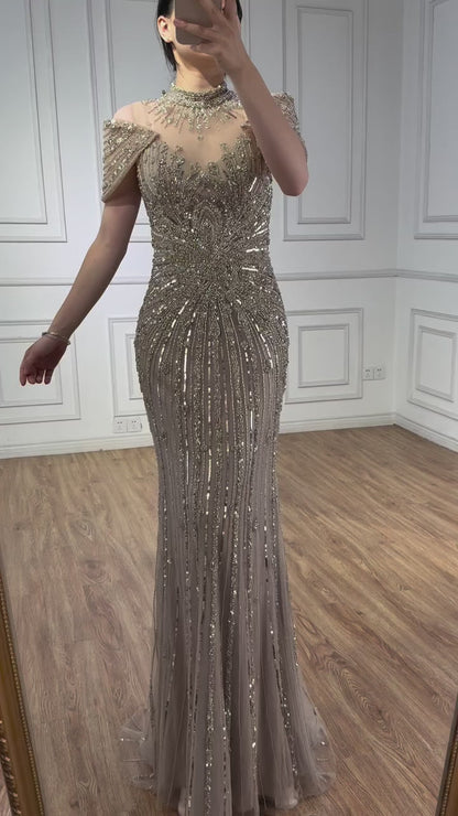 Saudi Arabic Modest High Neck Caramel Mermaid Beaded Evening Dress LA73082