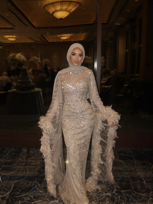 Modest Pink Mermaid Evening Dress with Feather Long Sleeve LA72708A