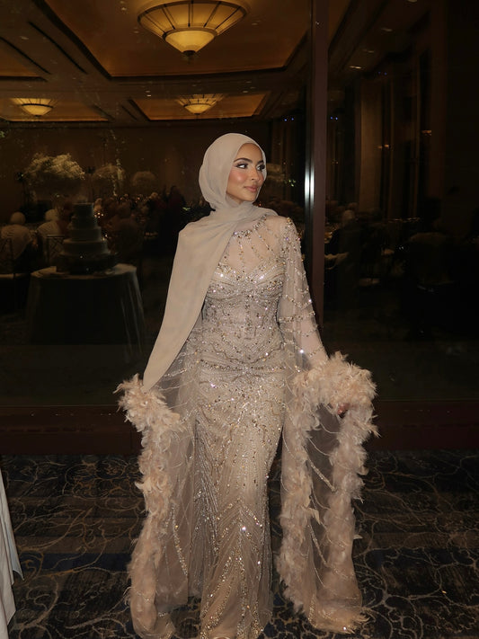 Modest Pink Mermaid Evening Dress with Feather Long Sleeve LA72708A