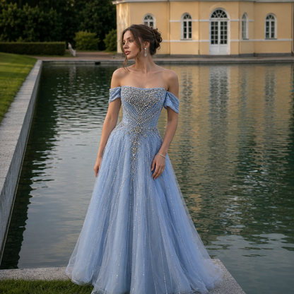 Blue Off Shoulder Beaded Luxury A-Line Evening Gown Prom Dress LA73195A