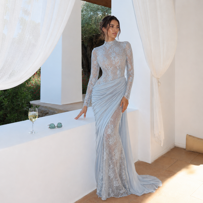 Elegant Blue Modest Long Sleeve Lace Mermaid Evening Dress LA73407A