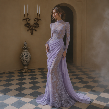 Elegant Blue Modest Long Sleeve Lace Mermaid Evening Dress LA73407A