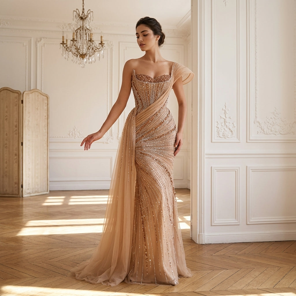 Nude One Shoulder Beaded Mermaid Evening Dress with Siderskirt LA73425B