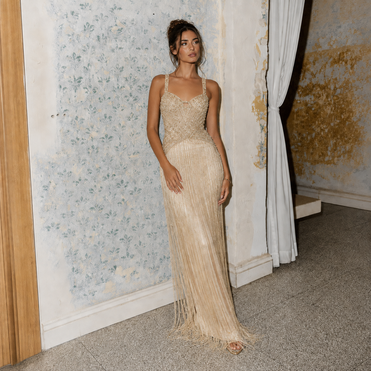 Gold Beaded Sweetheart Lebanon Fashion Formal Evening Dress with Tassel Fringe LA73446