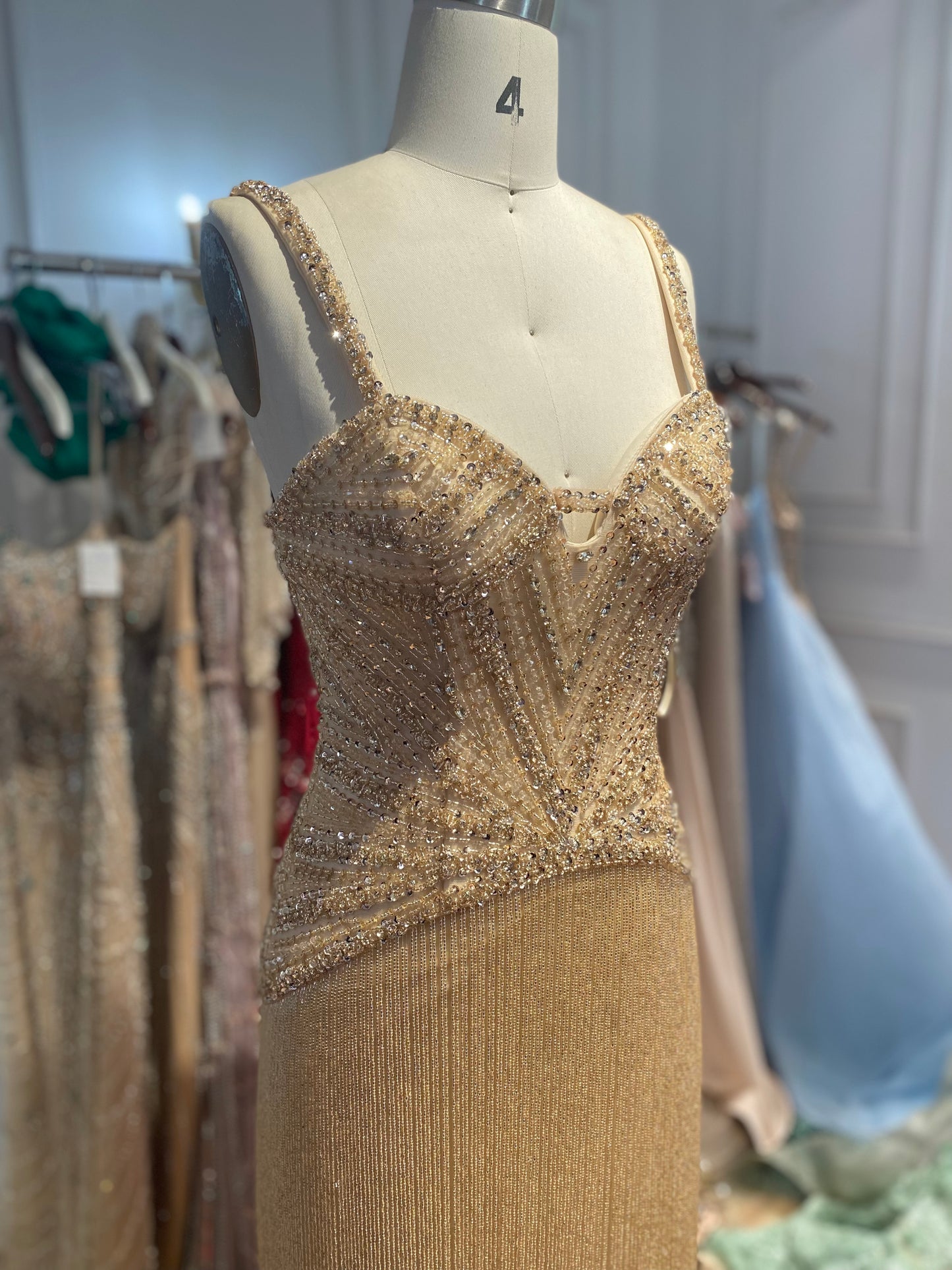 Luxury Arabic Gold Mermaid Beaded Tassel Evening Dress LA73446