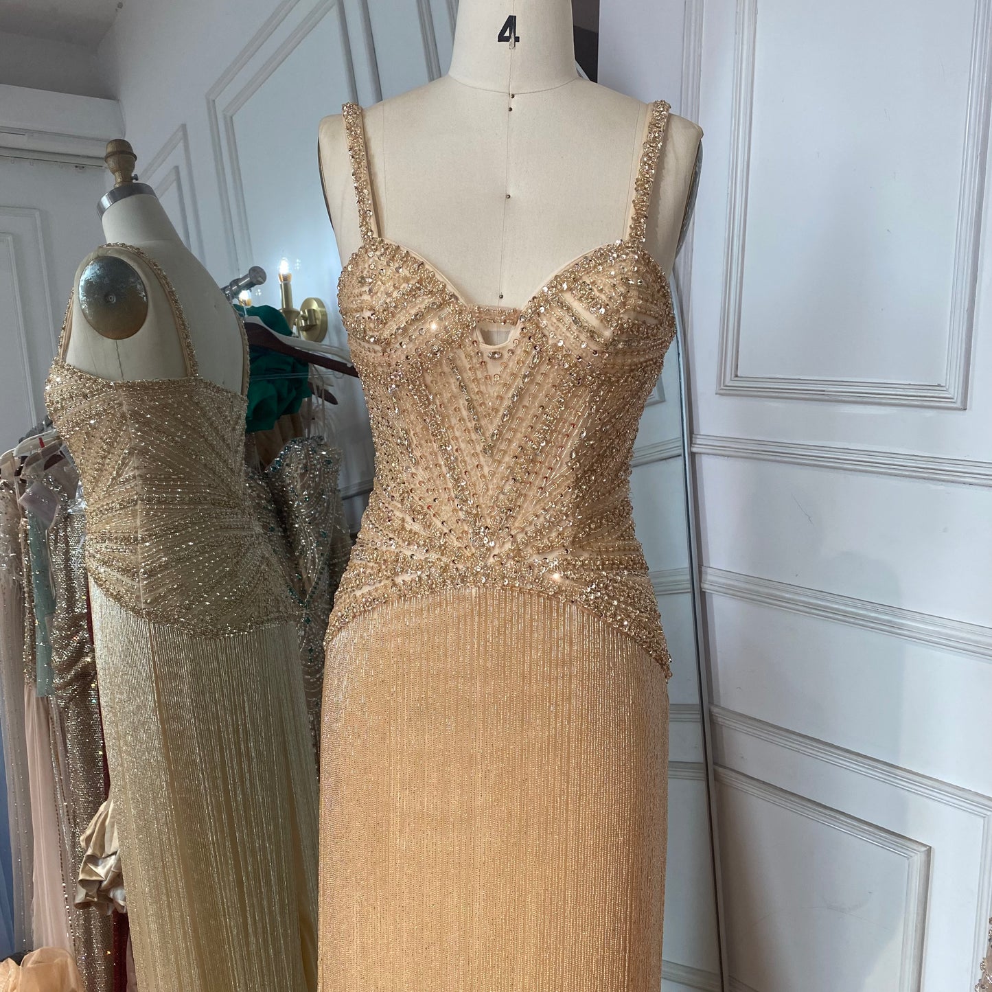Luxury Arabic Gold Mermaid Beaded Tassel Evening Dress LA73446