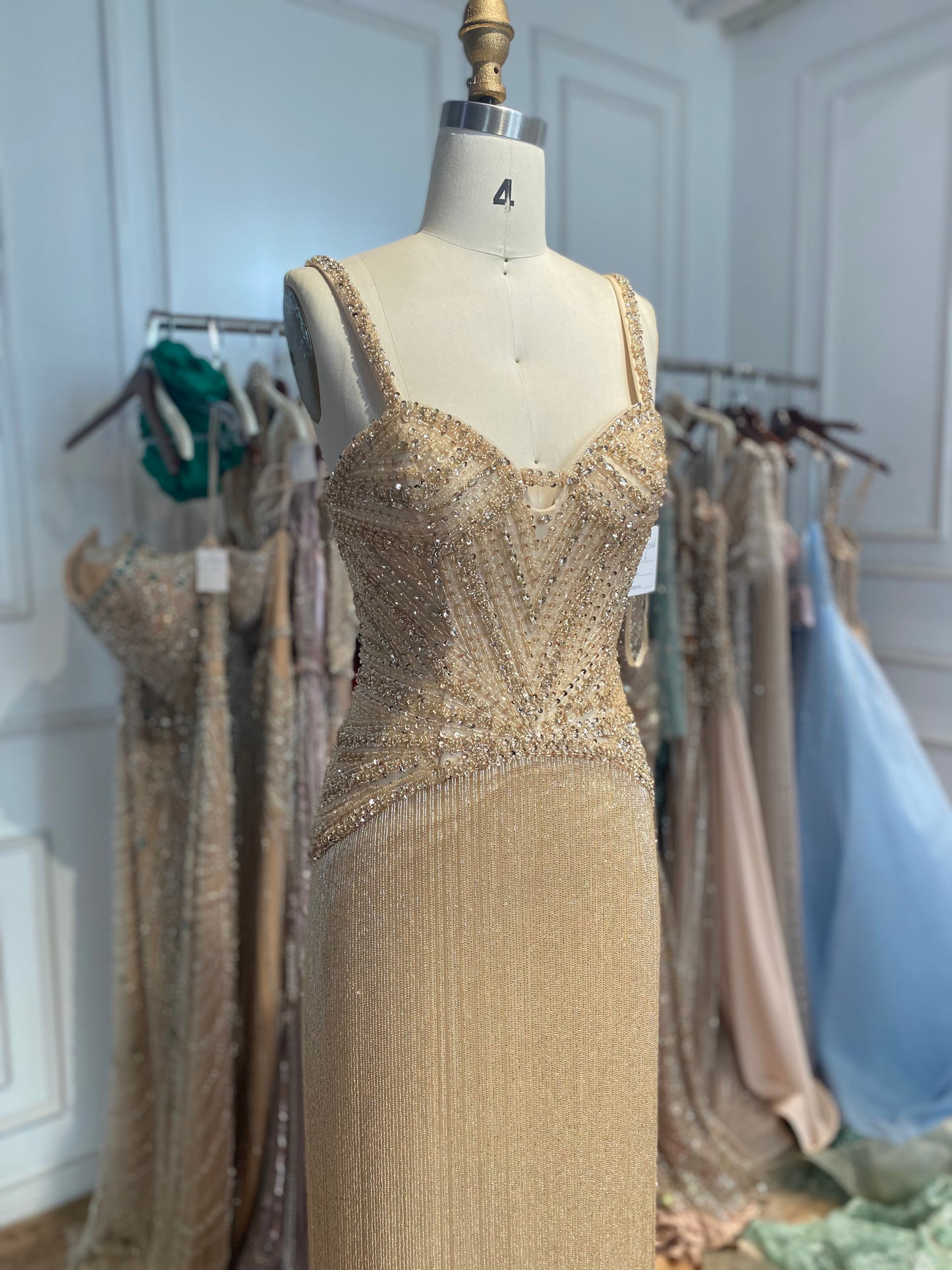 Luxury Arabic Gold Mermaid Beaded Tassel Evening Dress LA73446
