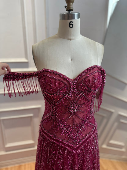 Luxury Fuchsia Off-the-Shoulder Beaded Tassels A-Line Evening Dress LA73594