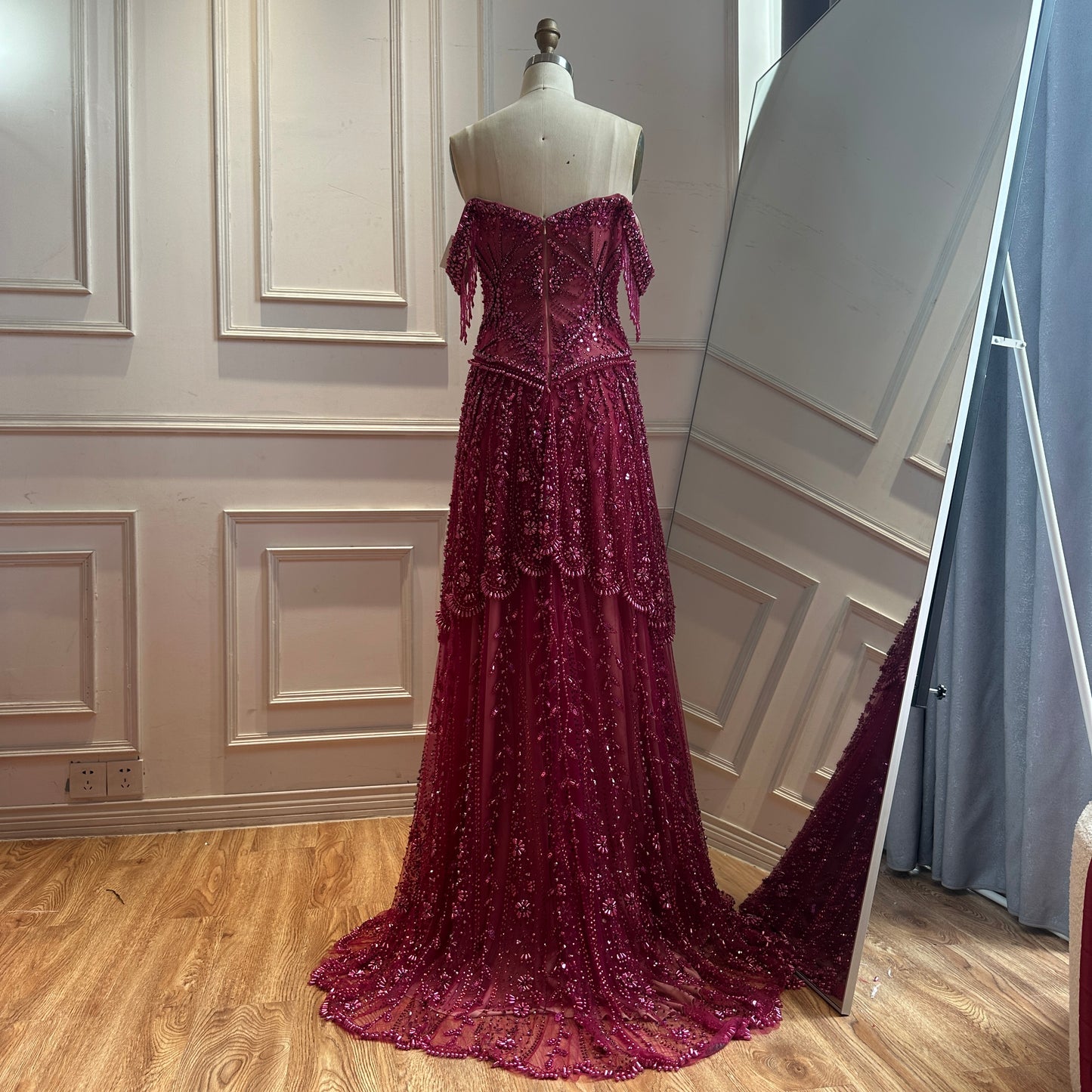 Luxury Fuchsia Off-the-Shoulder Beaded Tassels A-Line Evening Dress LA73594