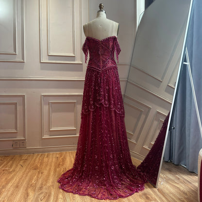 Luxury Fuchsia Off-the-Shoulder Beaded Tassels A-Line Evening Dress LA73594