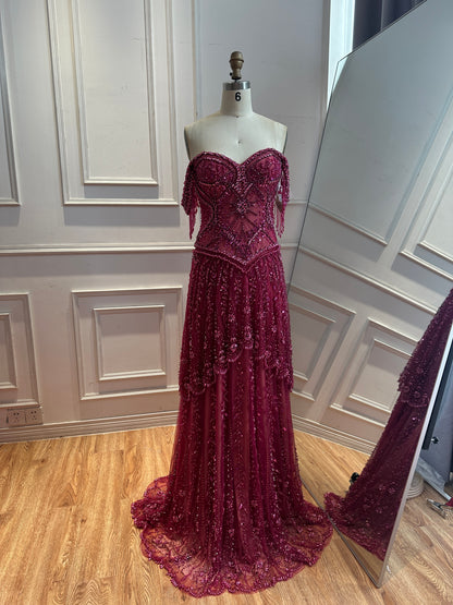 Luxury Fuchsia Off-the-Shoulder Beaded Tassels A-Line Evening Dress LA73594