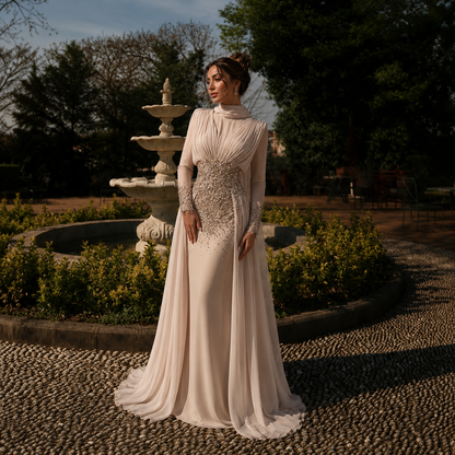 Modest Nude Beaded Long Sleeves Evening Dress Formal Gown LA73598
