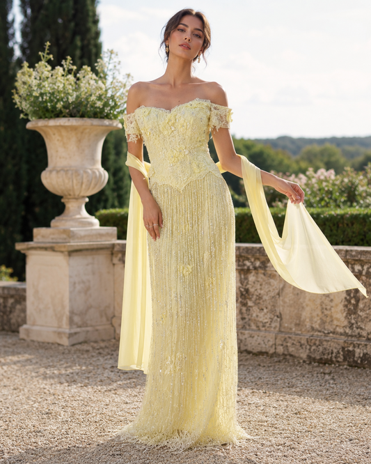 Saudi Yellow Lace Tassel Off Shoulder Evening Gown Wedding Guest Dress LA73614