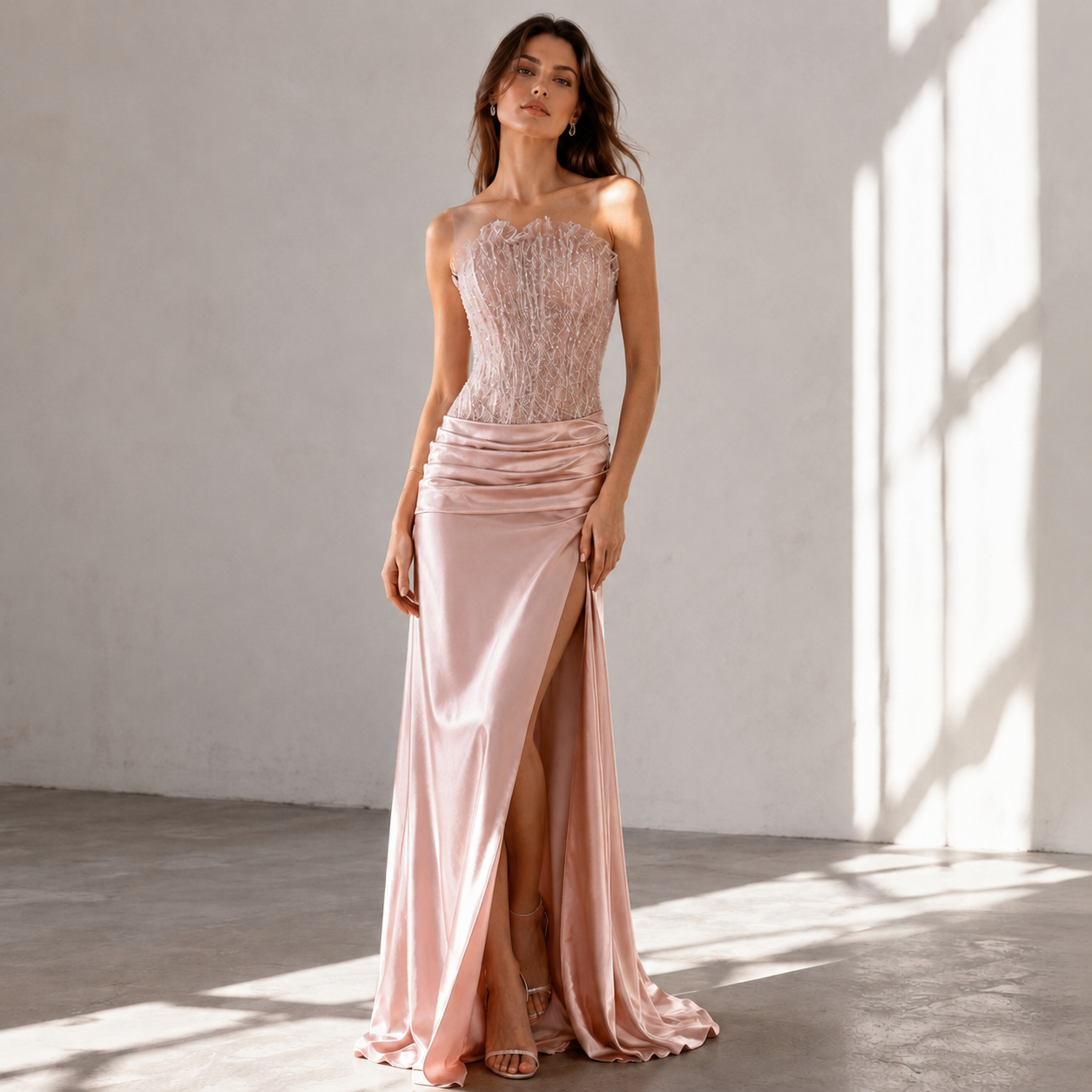Pink Strapless Satin Mermaid Evening Dress with Slit LA73628