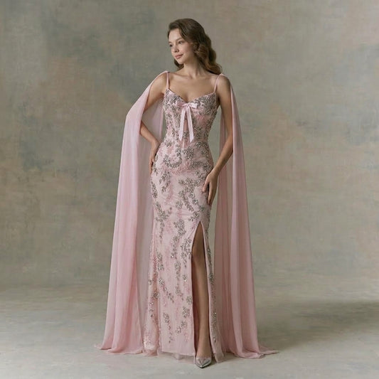 Pink Sweetheart Beaded Mermaid Evening Dress with Bow Decoration LA73714