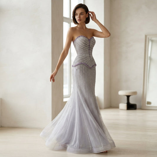 Lilac Beaded Strapless Sweetheart Mermaid Evening Dress LA73761