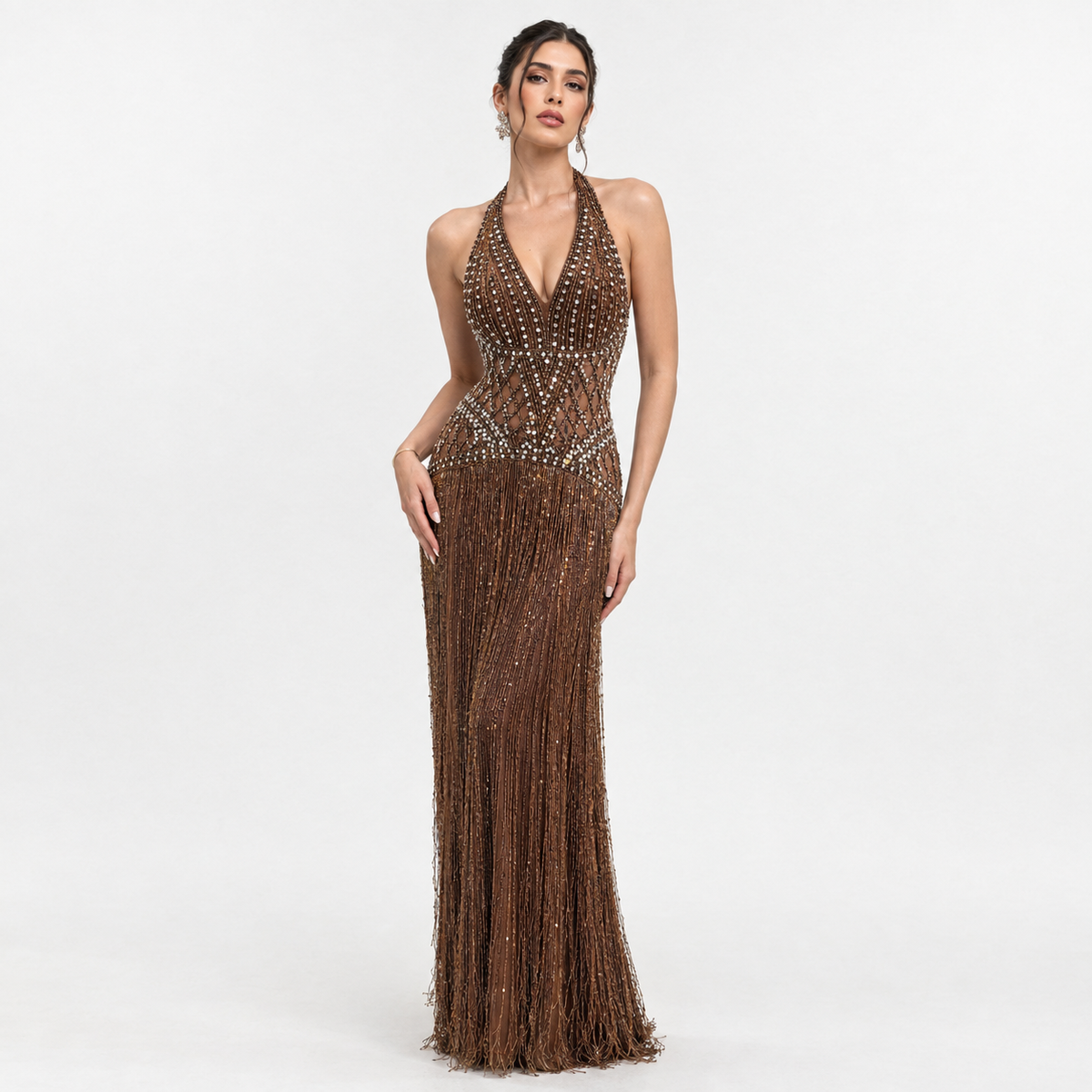 Butter Yellow Halter Neck Evening Dress with Fringe Skirt LA73765