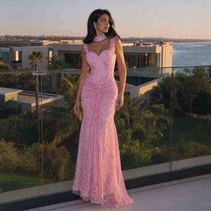 Pink Lace Beaded Mermaid Straps Evening Dress with Choker LA73789