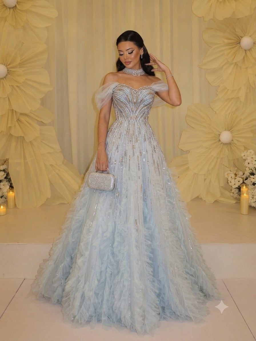 Luxury Light Blue Off-the-Shoulder Beaded Tiered Ruffle Evening Dress LA73843