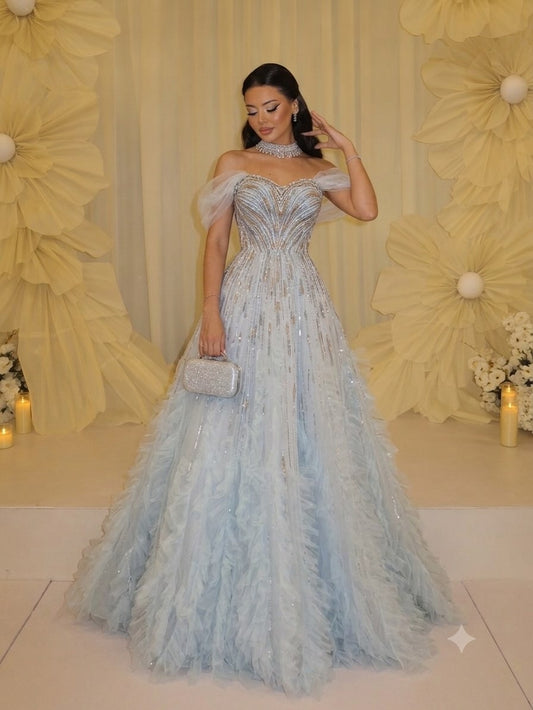 Luxury Light Blue Off-the-Shoulder Beaded Tiered Ruffle Evening Dress LA73843