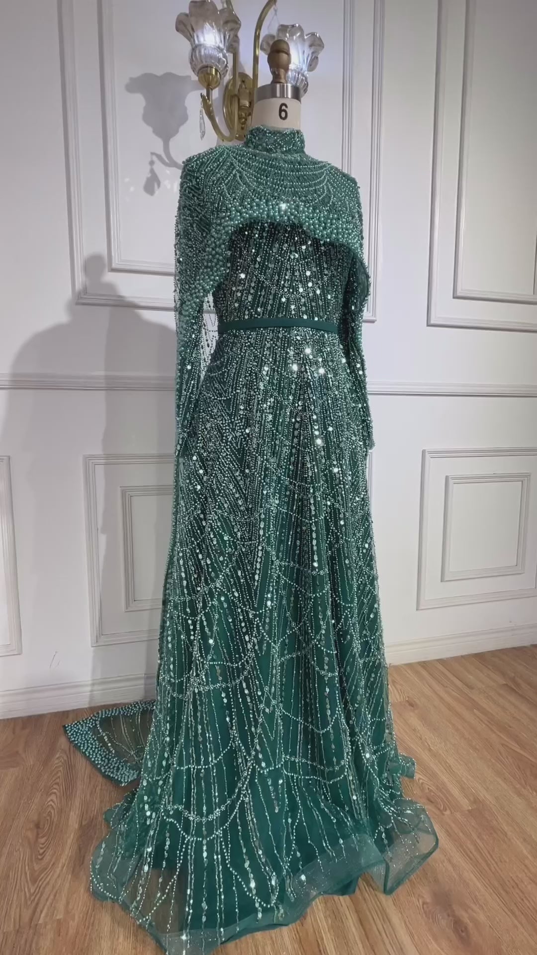 Luxury Modest Pink A-Line Evening Dress with Pearl and Cape LA72032B