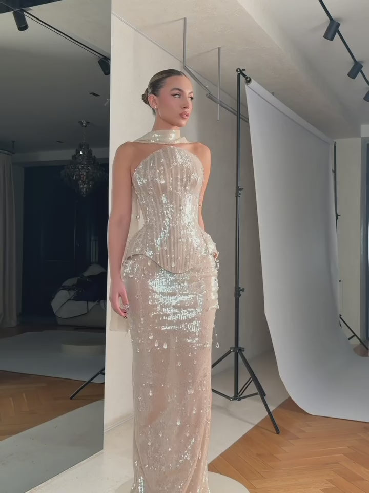 Luxury Champagne Strapless Beaded Mermaid Evening Dress With Scarf LA73488