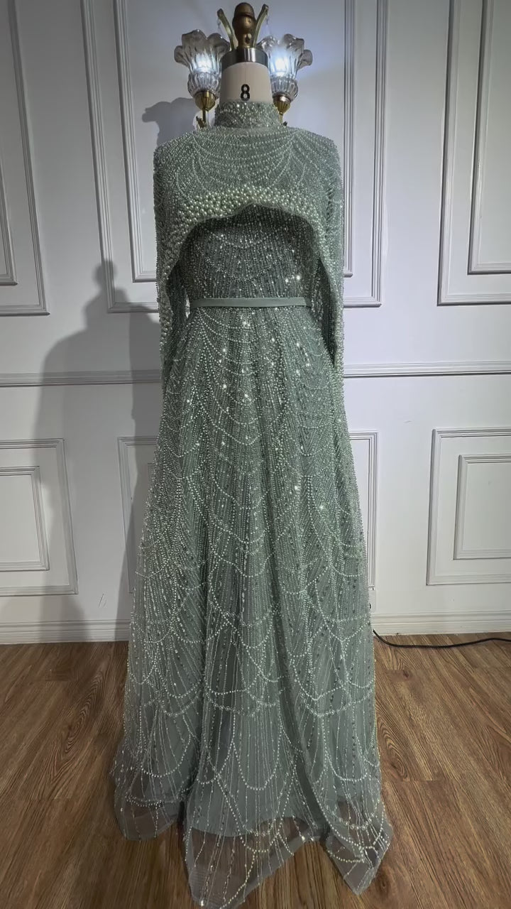 Luxury Modest Pink A-Line Evening Dress with Pearl and Cape LA72032B