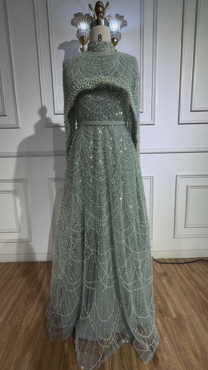 Luxury Modest Pink A-Line Evening Dress with Pearl and Cape LA72032B