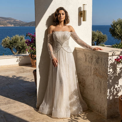 Arabic Beige A-Line Beaded Formal Evening Dress for Wedding Party LA73333