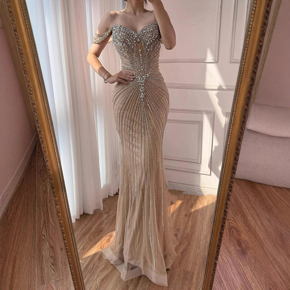 Nude Crystal Heavy Beaded Mermaid Evening Dress Party Gown LA73128A