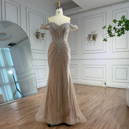 Nude Crystal Heavy Beaded Mermaid Evening Dress Party Gown LA73128A