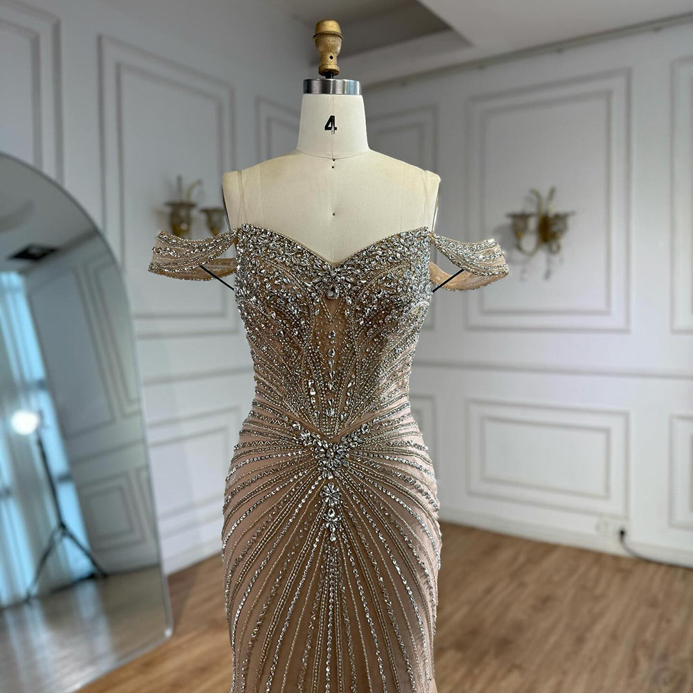 Nude Crystal Heavy Beaded Mermaid Evening Dress Party Gown LA73128A