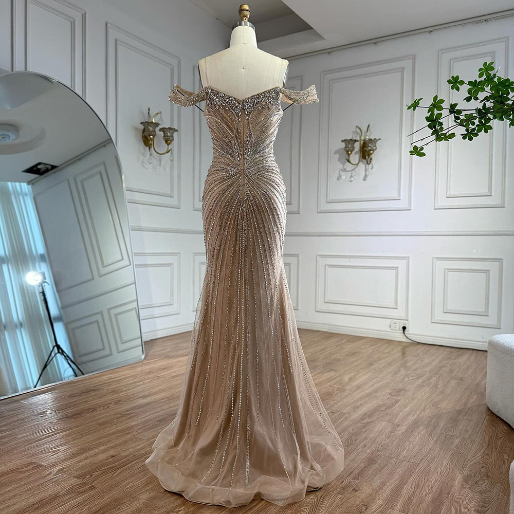 Nude Crystal Heavy Beaded Mermaid Evening Dress Party Gown LA73128A