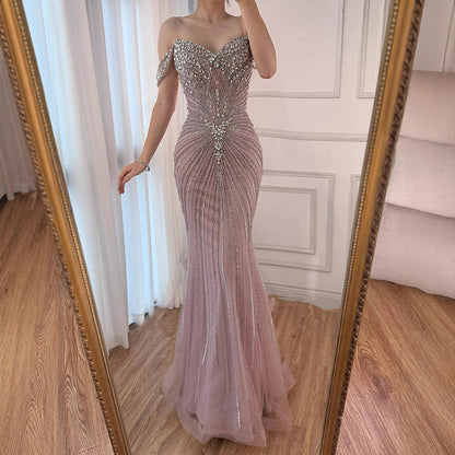 Nude Crystal Heavy Beaded Mermaid Evening Dress Party Gown LA73128A