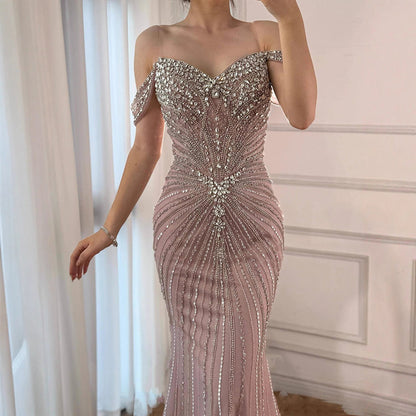 Nude Crystal Heavy Beaded Mermaid Evening Dress Party Gown LA73128A