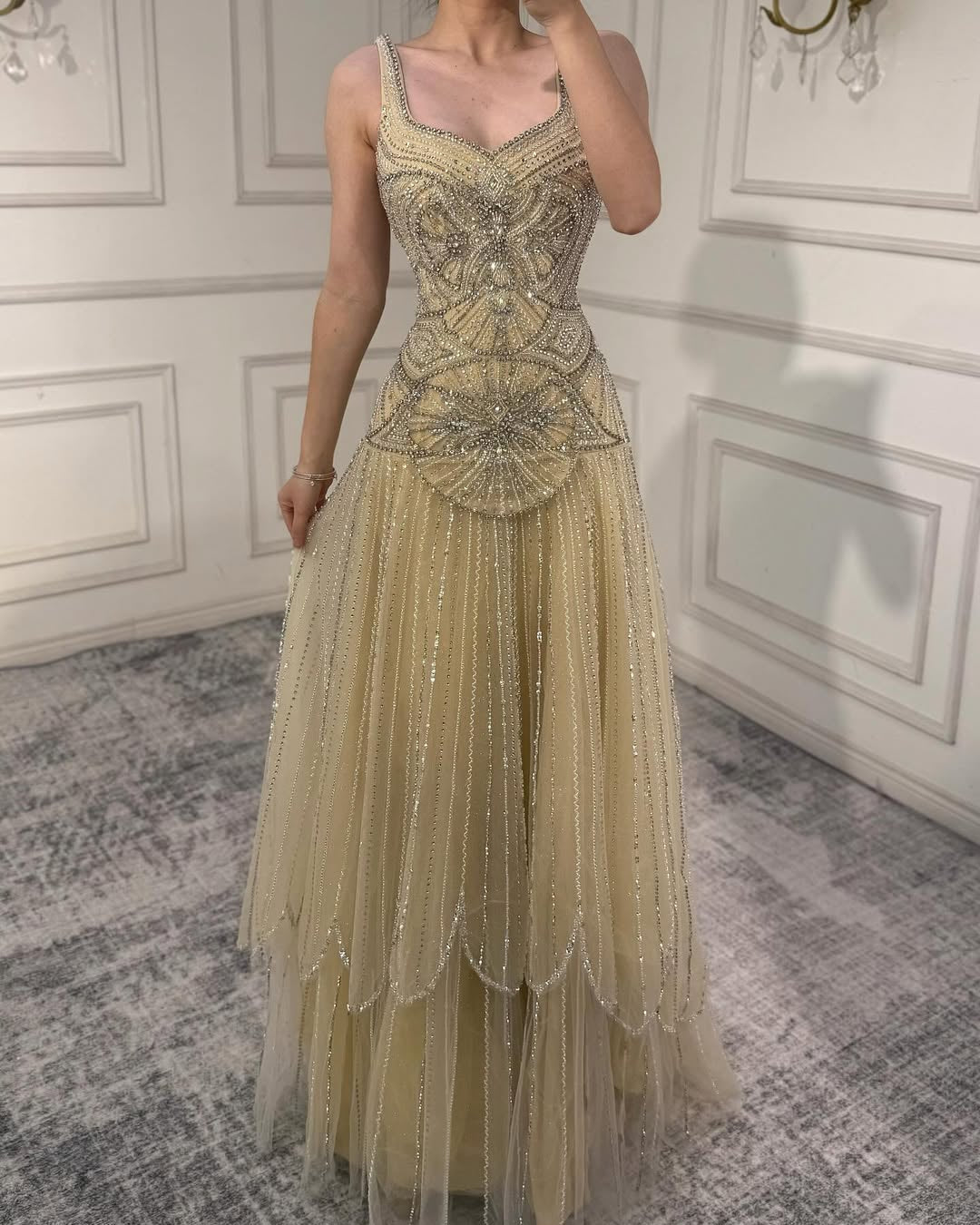 Nude Handcrafted Beaded Spaghetti Strap A-Line Evening Dress LA73189C