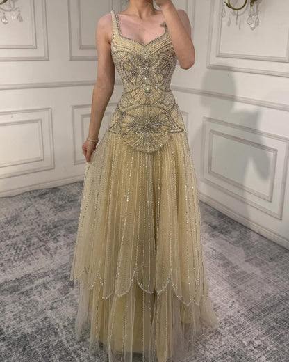 Nude Handcrafted Beaded Spaghetti Strap A-Line Evening Dress LA73189C