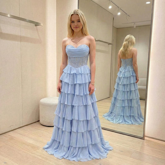 Light Blue Strapless Lace Chiffon Flowy A-Line Prom Dress for Party MN73434