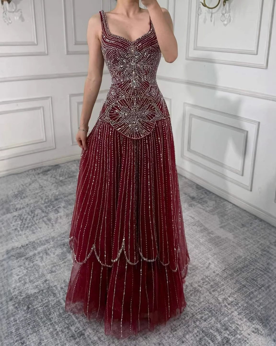 Nude Handcrafted Beaded Spaghetti Strap A-Line Evening Dress LA73189C