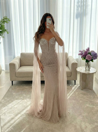 Luxury Caramel Crystal Beaded Mermaid Evening Dress with Cape Sleeve LA72575D