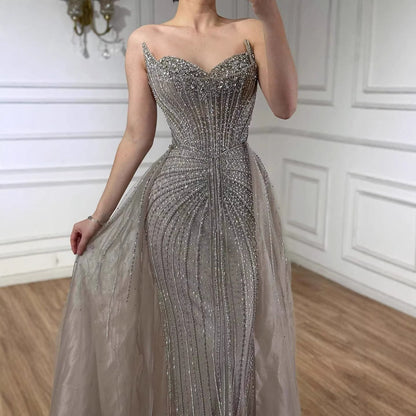 Caramel Crystal Beaded Mermaid Evening Dress with Overskirt LA72811D