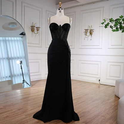 Classy Black Spaghetti Straps Rhinestone Prom Dress with High Slit LA73039