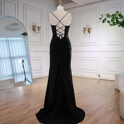 Classy Black Spaghetti Straps Rhinestone Prom Dress with High Slit LA73039