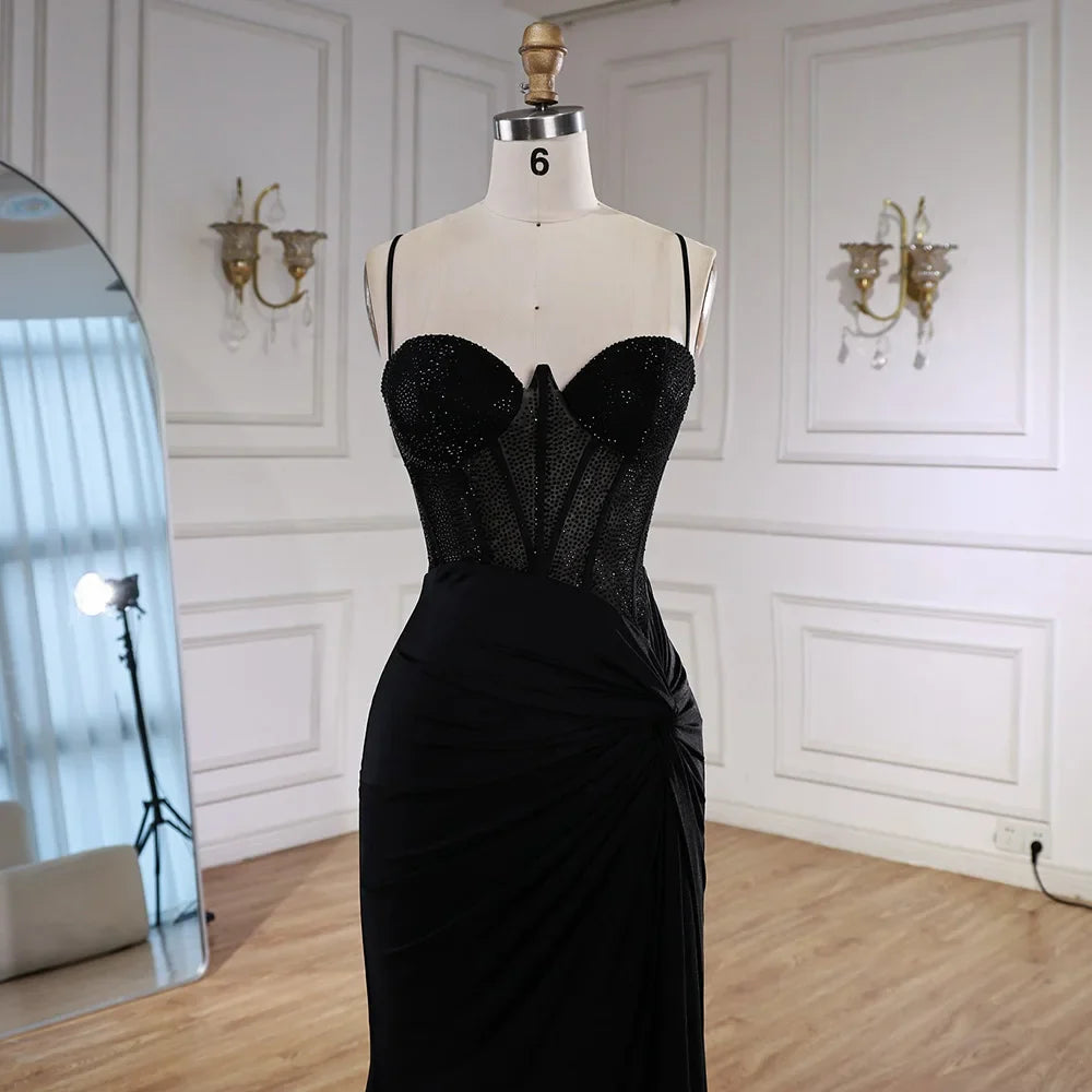 Classy Black Spaghetti Straps Rhinestone Prom Dress with High Slit LA73039