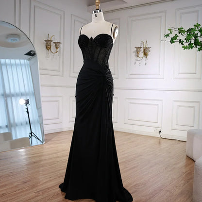Classy Black Spaghetti Straps Rhinestone Prom Dress with High Slit LA73039